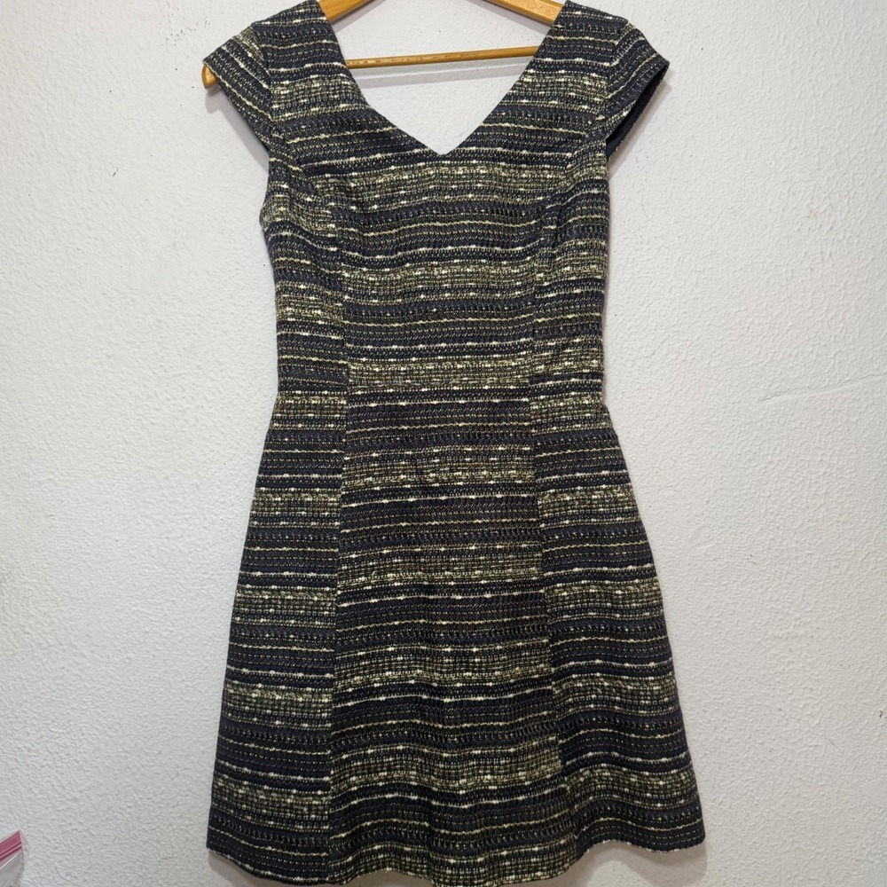 Lilly Pulitzer Navy Gold Metallic Tweed Fit & Flare Dress V-Neck Cap Sleeve 2